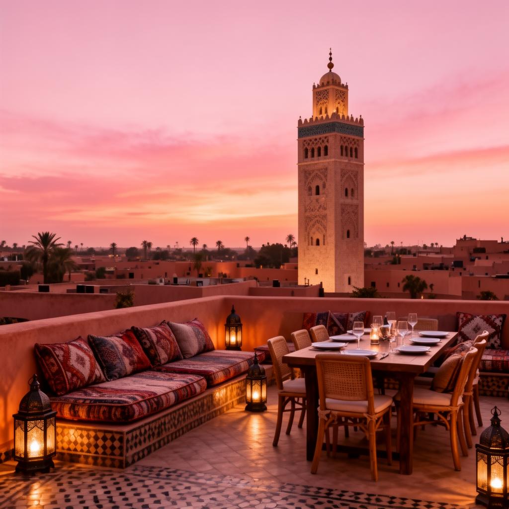Rooftop avec vue sur la Koutoubia au coucher du soleil