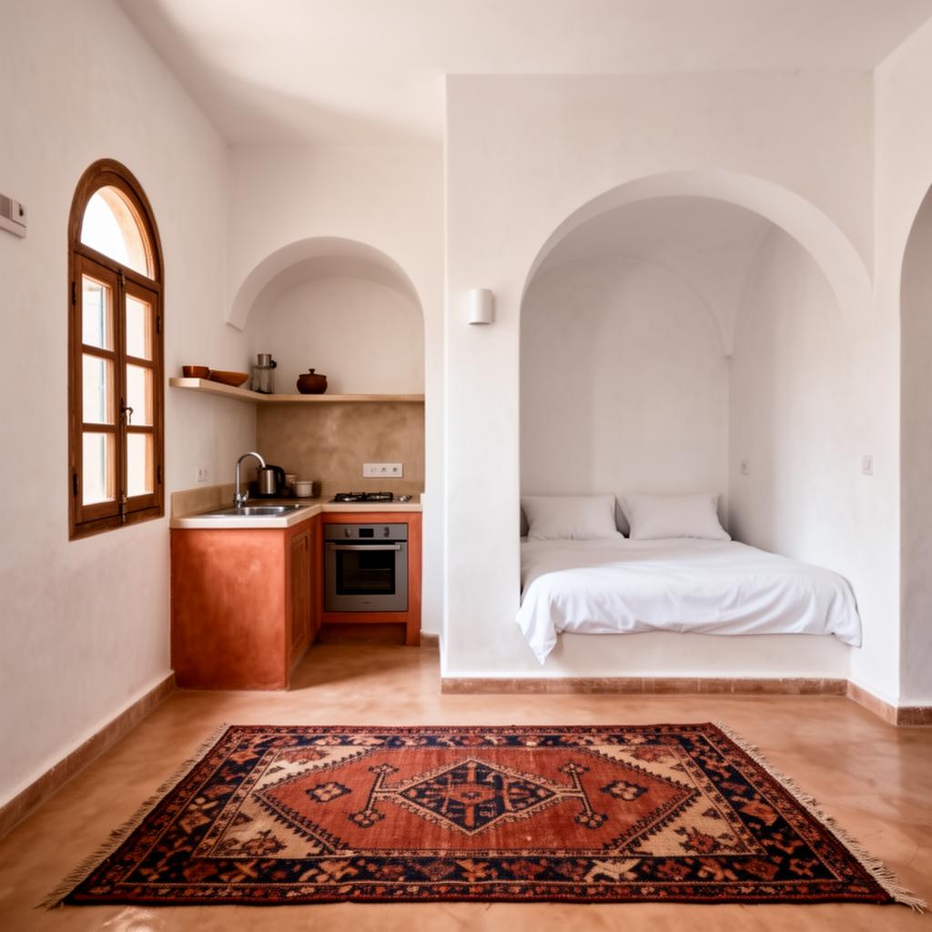 Studio en tadelakt dans la Médina avec arches et tapis berbère