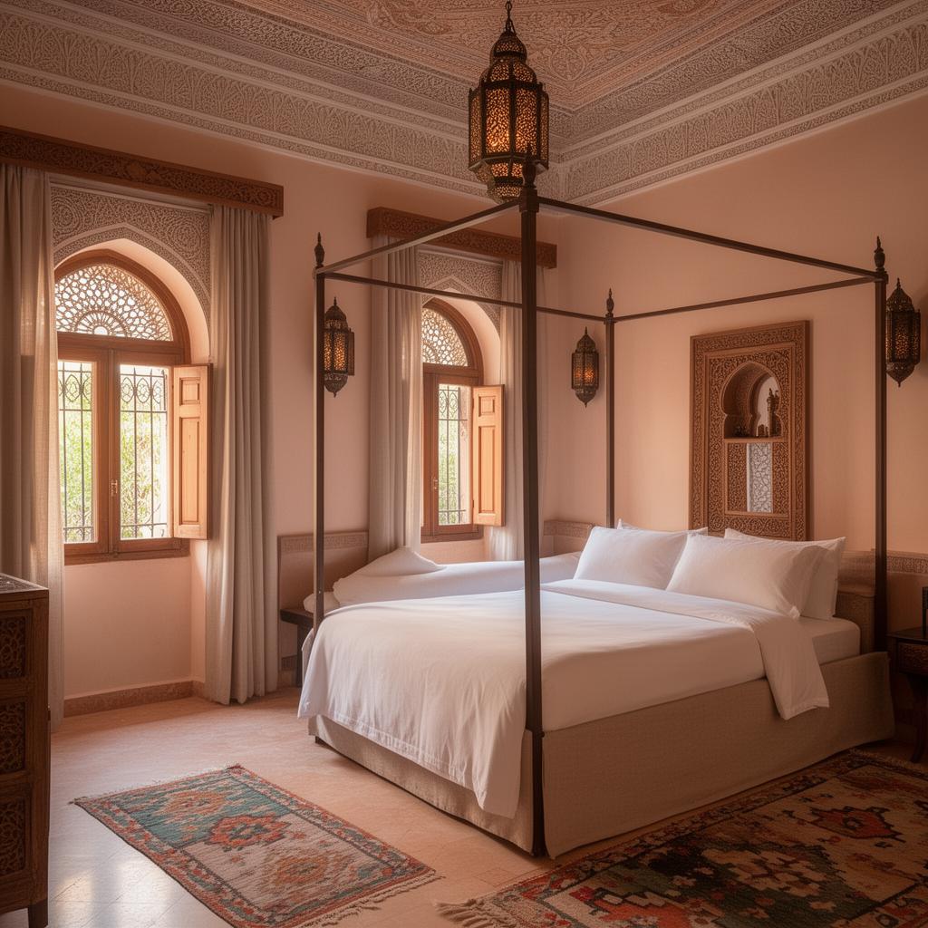 Suite de riad avec lit à baldaquin et lanternes marocaines