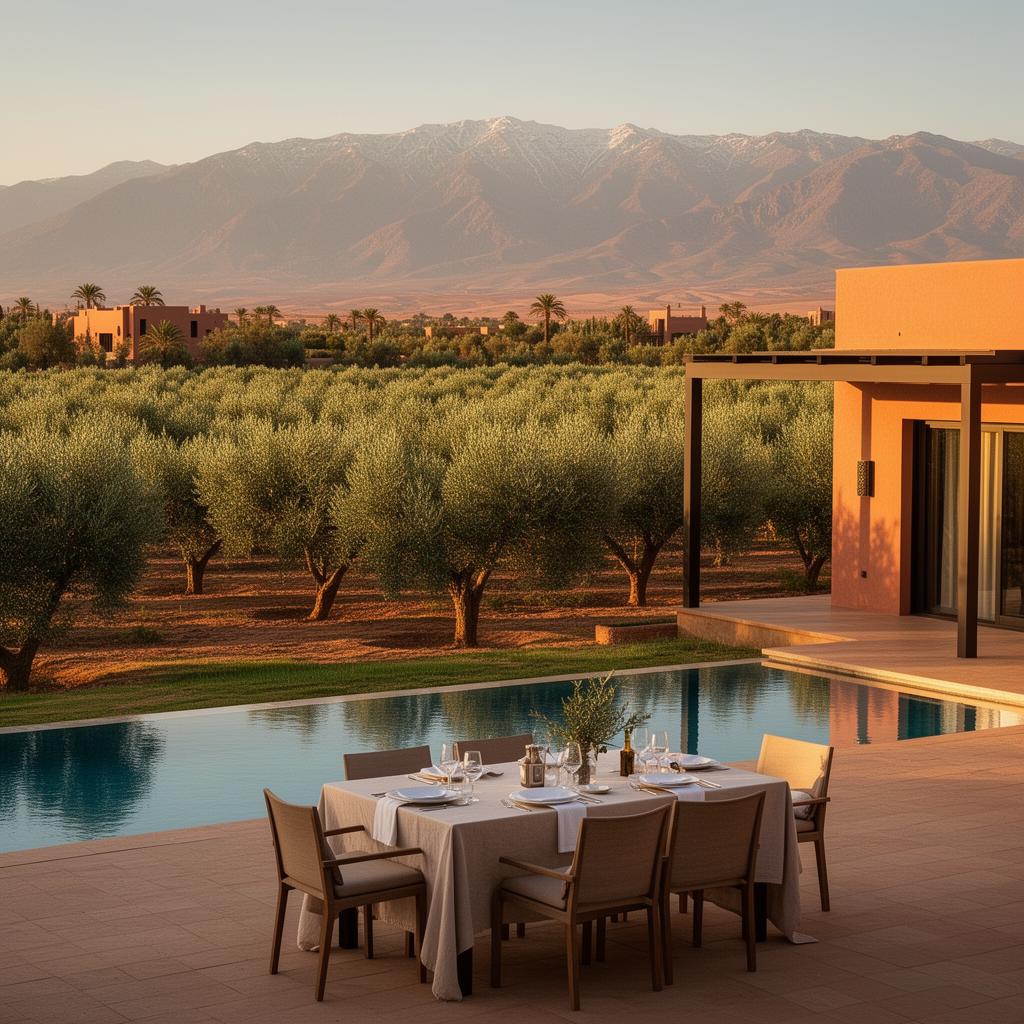 Villa avec vue sur l'Atlas et oliveraie, piscine et table dressée